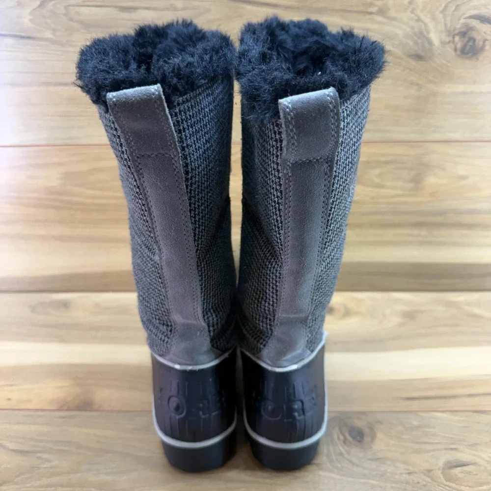 Sorel Tivolli Tall Boots Womens 9 Gray Houndstooth Waterproof Faux Fur Tall